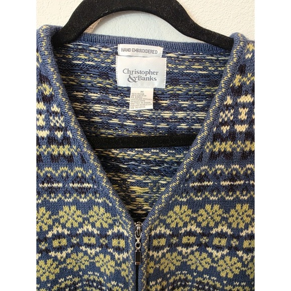 VTG Christopher & Banks Hand Embroidered Fair Isle Zip Cardigan Sz M Blue Yellow - Picture 2 of 6